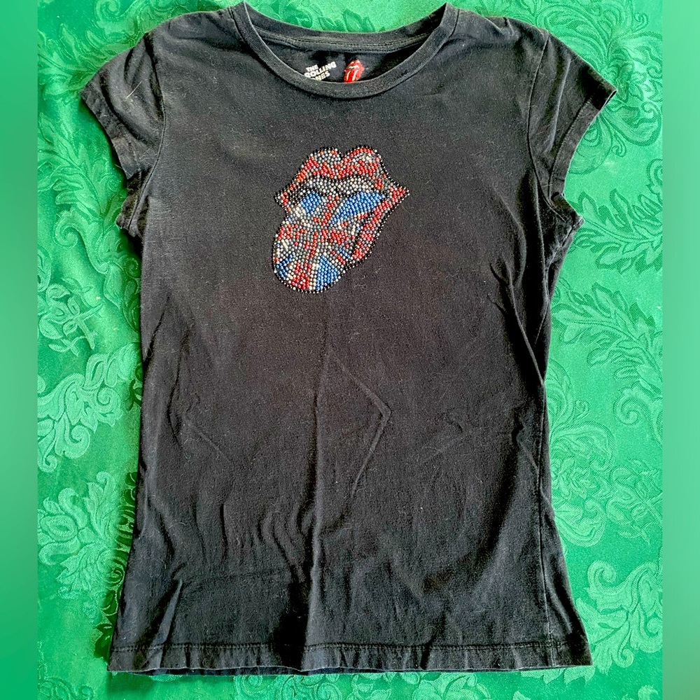 ROLLING STONES Licensed Embellished Logo concert T Shirt Bling Fitted cap sleeve